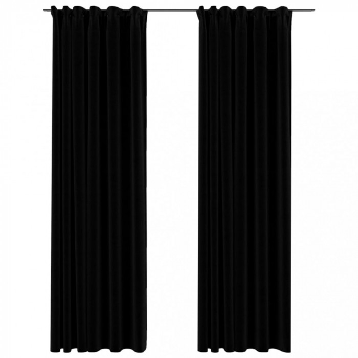 Perdele opace aspect p&acirc;nză, c&acirc;rlige, 2 buc., negru, 140x225 cm