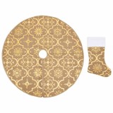 Cumpara ieftin Covor fusta de brad Craciun cu soseta, galben, 90 cm, tesatura
