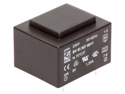Transformator &amp;icirc;ncapsulat 1,3VA 230V 9V 144mA PCB foto