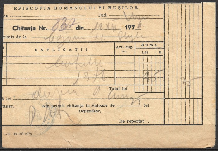 ROM&Acirc;NIA 1974 - CHITANȚĂ - EPISCOPIA ROMANULUI ȘI HUȘILOR - BISERICA GLĂVĂNEȘTI - JUDEȚUL BACĂU (D3)