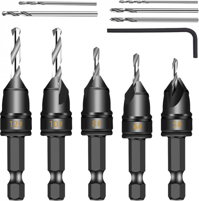 1 set de burghie frezate la 82&deg; #5, 6, 8, 10, 12 cu 5 burghie de schimb și 1 che