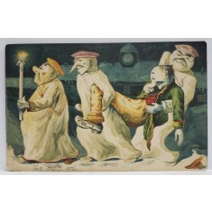 FELICITARE CU SCENA COMICA , CROMOLITOGRAFIE , EMBOSATA , CARTE POSTALA , INCEPUTUL SEC. XX