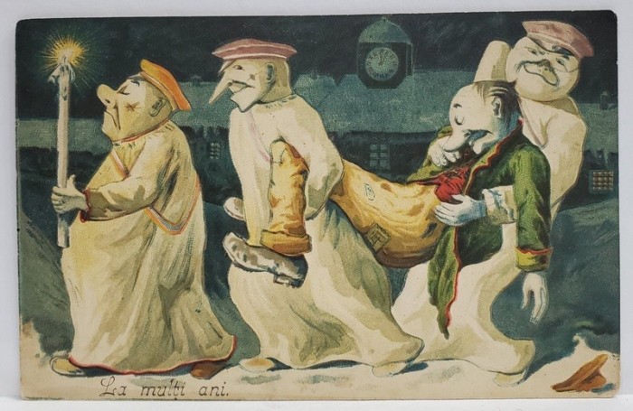FELICITARE CU SCENA COMICA , CROMOLITOGRAFIE , EMBOSATA , CARTE POSTALA , INCEPUTUL SEC. XX