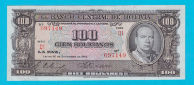 Bolivia 100 Bolivianos 1945 &amp;#039;Villarroel&amp;#039; UNC serie: Q1 097149 foto
