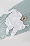Set 3 piese: body cu maneca lunga, pantaloni lungi cu botosei si caciulita din bumbac organic si modal - Alb, BabyCosy (Marime: 6-9 luni)