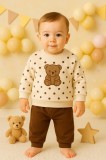 Costumas bebe ursulet cu buline, bluza crem si pantaloni maro &ndash; set 2 piese