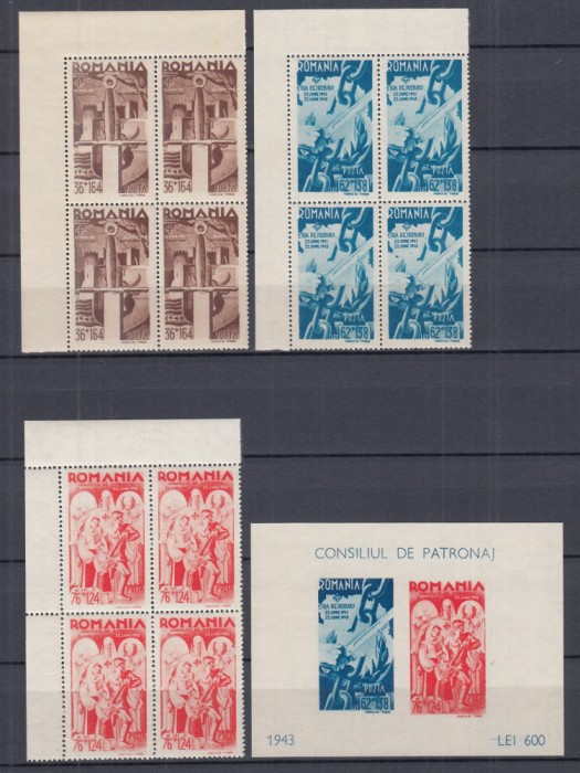 1943 LP 154 I LP 154 II CONSILIUL DE PATRONAJ BLOCURI 4+COLITA NEDANTELATA MNH