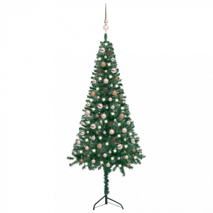 Set pom Crăciun artificial pe colț LED&amp;globuri verde 180 cm PVC