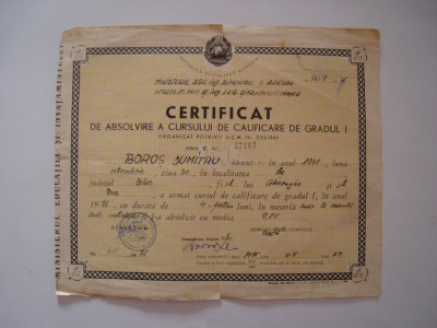 Certificat de absolvire a cursului de calificare de gradul I, 1975 foto