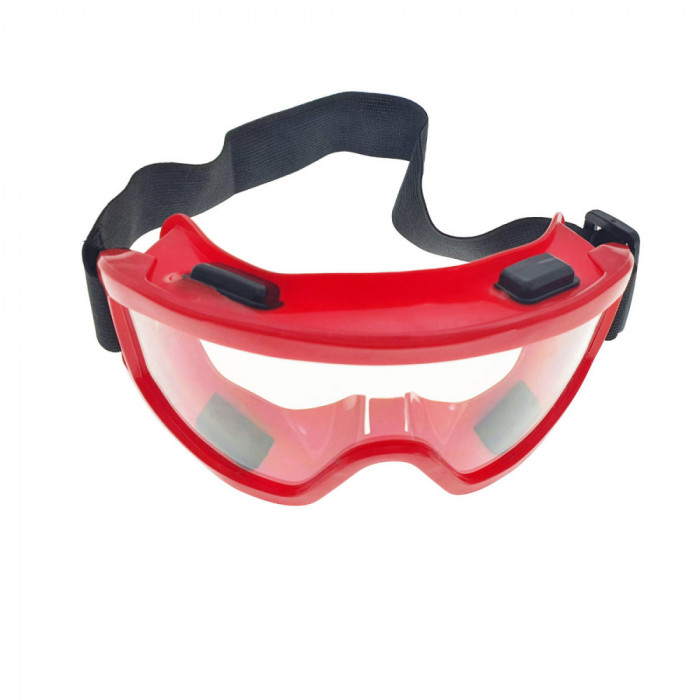Ochelari panoramici de protectie tip masca, prindere cu banda elastica ajustabila, rama rosie PVC cu silicon pentru etansare