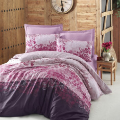 Lenjerie de pat dubla King Size, Victoria, Rina Rose, 6 piese, 100% bumbac satinat, tesatura Jacquard, rose