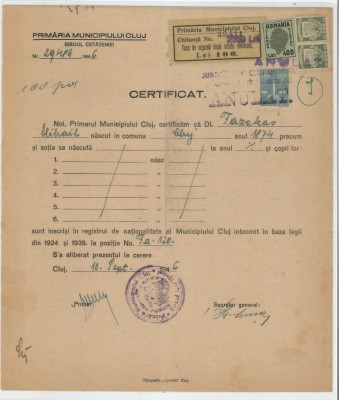 Romania, Certificat, Cluj, 1946 foto