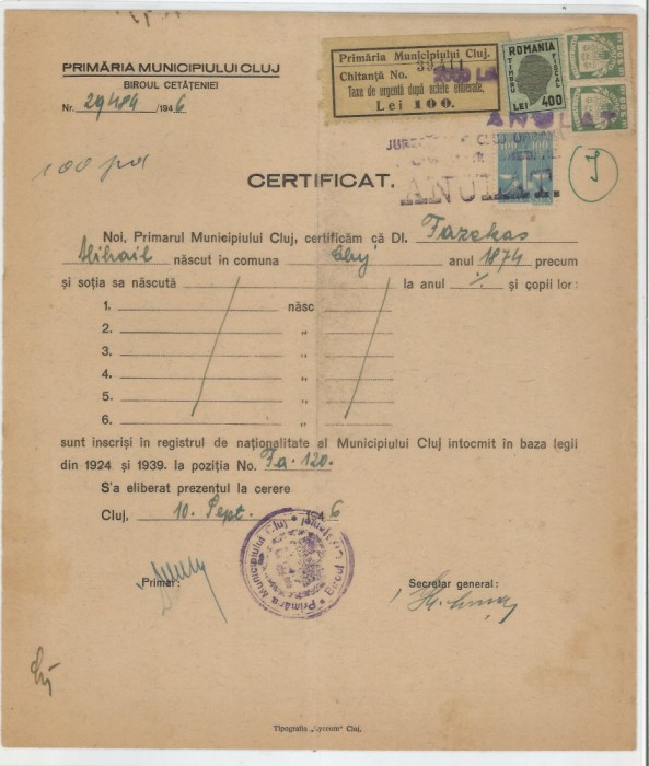 Romania, Certificat, Cluj, 1946