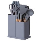 Set ustensile de bucatarie, cu 19 piese si suport, cu maner antialunecare si lama din otel inoxidabil, cu planseta de tocat inclusa, gri