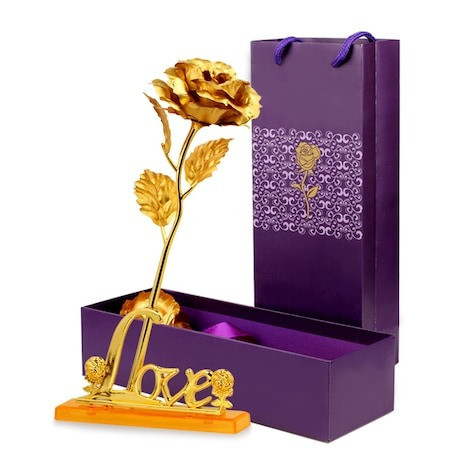 Trandafir suflat cu aur de 24K - Auriu + Suport Love si punga de cadou inclusa