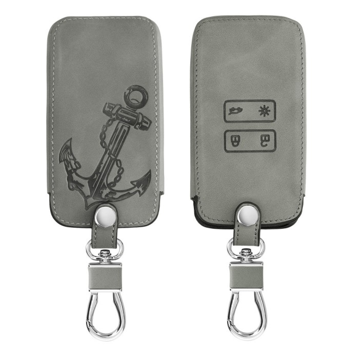 Husa Cheie Auto pentru Renault / Dacia - 4 Butoane - Keyless Go, Piele nabuc, Gri, 48565.07