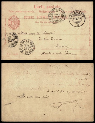 Switzerland 1894 Postcard Postal Stationery Salavaux to Nancy via Belfort D.227 foto