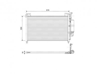 Condensator AC Mazda Seria 2, 2007-2014 Motor 1.3/1.5; 1,4 D Aluminiu/Aluminiu Brazat, 615 (575)X346 (332)X16, Cu Uscator Filtrat, iesire : 9,6 Mm, i foto