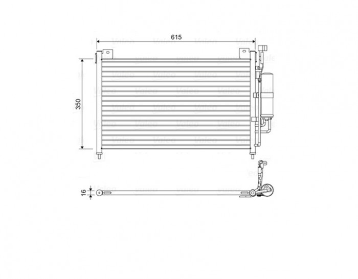 Condensator AC Mazda Seria 2, 2007-2014 Motor 1.3/1.5; 1,4 D Aluminiu/Aluminiu Brazat, 615 (575)X346 (332)X16, Cu Uscator Filtrat, iesire : 9,6 Mm, i