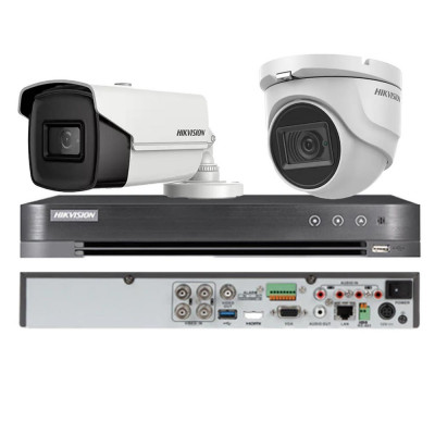 Sistem supraveghere mixt Hikvision 2 camere, 1 dome 8MP 4 in 1, IR 30m, 1 bullet 4 in 1 8MP, 3.6mm, IR 80m, DVR 4 canale 4K 8MP SafetyGuard Surveillan foto