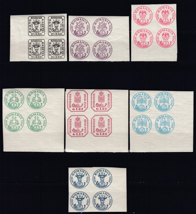ROMANIA 1932 LP 102 ANIVERSAREA A 75 DE ANI A TIMBRELOR CAP DE BOUR SERIA IN BLOC DE 4 TIMBRE MNH