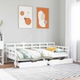 VidaXL Pat de zi cu sertare, alb, 90x200 cm, lemn masiv pin