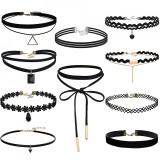 Set 10 Coliere Choker Fashion Negre: Snur, Gat, Perle, Bijuterii la Moda - Cadou BFF