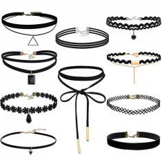 Set 10 coliere pentru gat tip Choker Fashion Black