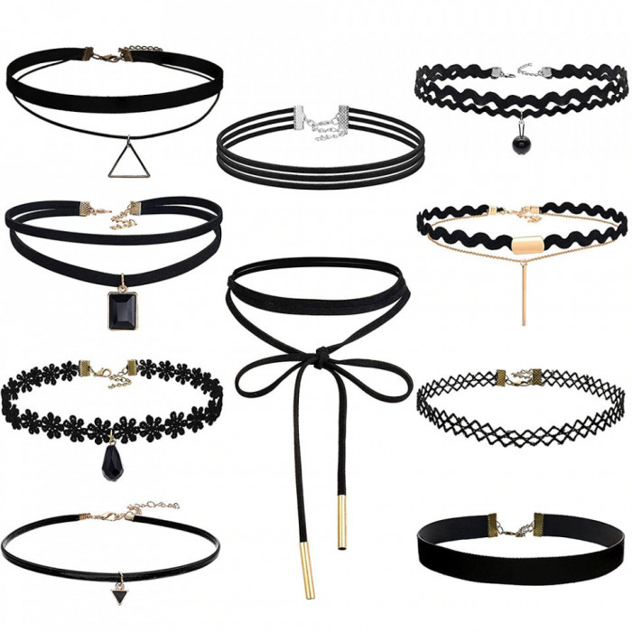 Set 10 coliere pentru gat tip Choker Fashion Black