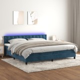 Cumpara ieftin Pat cu arcuri, saltea și LED, bleumarin, 200x200 cm, catifea