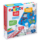 Cumpara ieftin Set Puzzle si 12 Carioci Heroes&amp;Market Carioca, 35 Piese, Multicolor, Carioci Super Lavabile, Puzzle, Puzzle Carioca, Carioci Puzzle, Set Carioca Puzz
