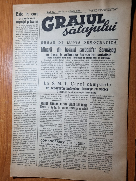 graiul salajului 4 iunie 1949-art.orasul carei,mina sarmasag,crasna,com.popeni