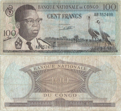 1962 ( 1 III ) , 100 francs ( P-6a.4 ) - Congo foto