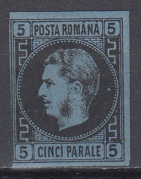 ROMANIA1866/1867 LP 19 REGELE CAROL I CU FAVORITI 5 PARALE NEGRU/HARTIE ALBASTRA HARTIE GROASA GUMA ORIGINALA SARNIERA