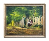 Cumpara ieftin Tablou inramat pictat manual, Fete lucrand la poarta, 50x40cm ulei pe panza, reproducere Nicolae Grigorescu