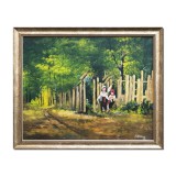 Tablou inramat pictat manual, Fete lucrand la poarta, 50x40cm ulei pe panza, reproducere Nicolae Grigorescu