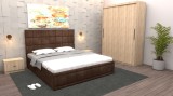 Dormitor Regal cu Pat Tapitat Maro Stofa cu dulap usi glisante Sonoma fara oglinda si fara comoda Tv