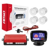 Set senzori de parcare LED Graf cu 4 senzori albi, afisaj LED grafic vehicul, 12V, 0-2,5 m, 40KHz, montaj 22 mm, AMiO