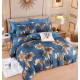 Lenjerie pat dublu,bumbac finet,6 piese,cearceaf cu elastic,albastra cu flori aurii-A898