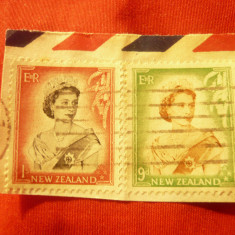 2 Timbre pe fragment Noua Zeelanda 1953 stampilate Elisabeta II ,9p si 1sh