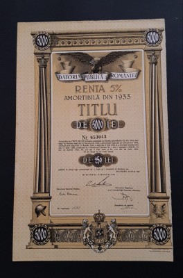 Titlu 5000 lei 1933 / actiune / Datoria publica / actiune / renta amortibila foto