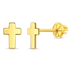 Cercei din Aur 14k in forma de Cruciulita pentru Bebelusi, Copii Mici si Fetite &ndash; Inchidere Sigura cu Surub