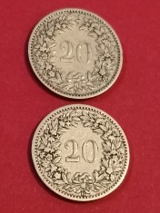 Lot 2 monede Elvetia: 20 rappen 1884 + 1885 [poze]. Discount conform descriere [10 - 20 %. Vezi descrierea.].