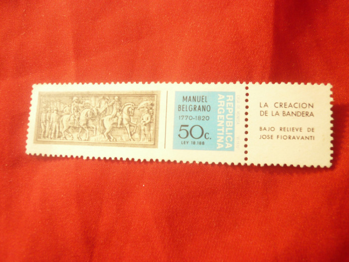 Timbru Argentina 1970 - Personalitati- 150 Ani Em.Belgrano , 50C ,cu vigneta