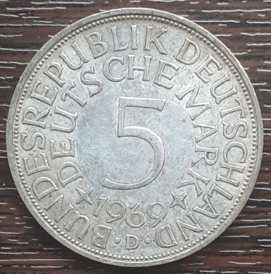 (A873) MONEDA DIN ARGINT GERMANIA - 5 MARK 1969, LIT D, 11,2 GRAME. PURITATE 625 foto