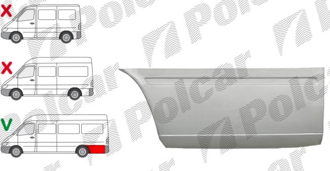 Segment reparatie aripa spate MERCEDES SPRINTER, 01.1995-2006, VW LT II 05.1996-12.2005, partea dreapta, lateral panel: L=2900 mm; in spatele rotii;