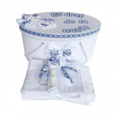 Set cutie trusou personalizata si trusou botez, decor traditional, albastru,