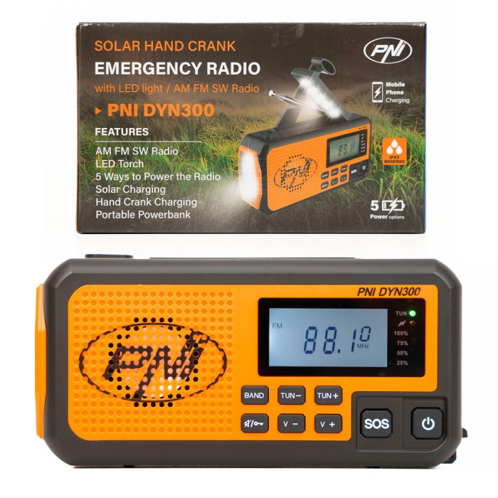 Aproape nou: Radio portabil PNI DYN300 cu dinam, incarcare solara, lanterna, powerb