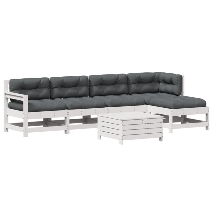 Set mobilier de gradina cu perne, 6 piese, alb, lemn masiv pin