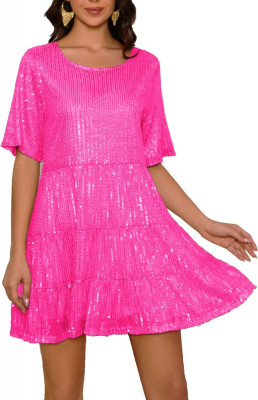 UD Femei Rochie Paiete Sparkly Giltter G&amp;acirc;t Rotund Maneca Scurta A-Line Loose Swi foto